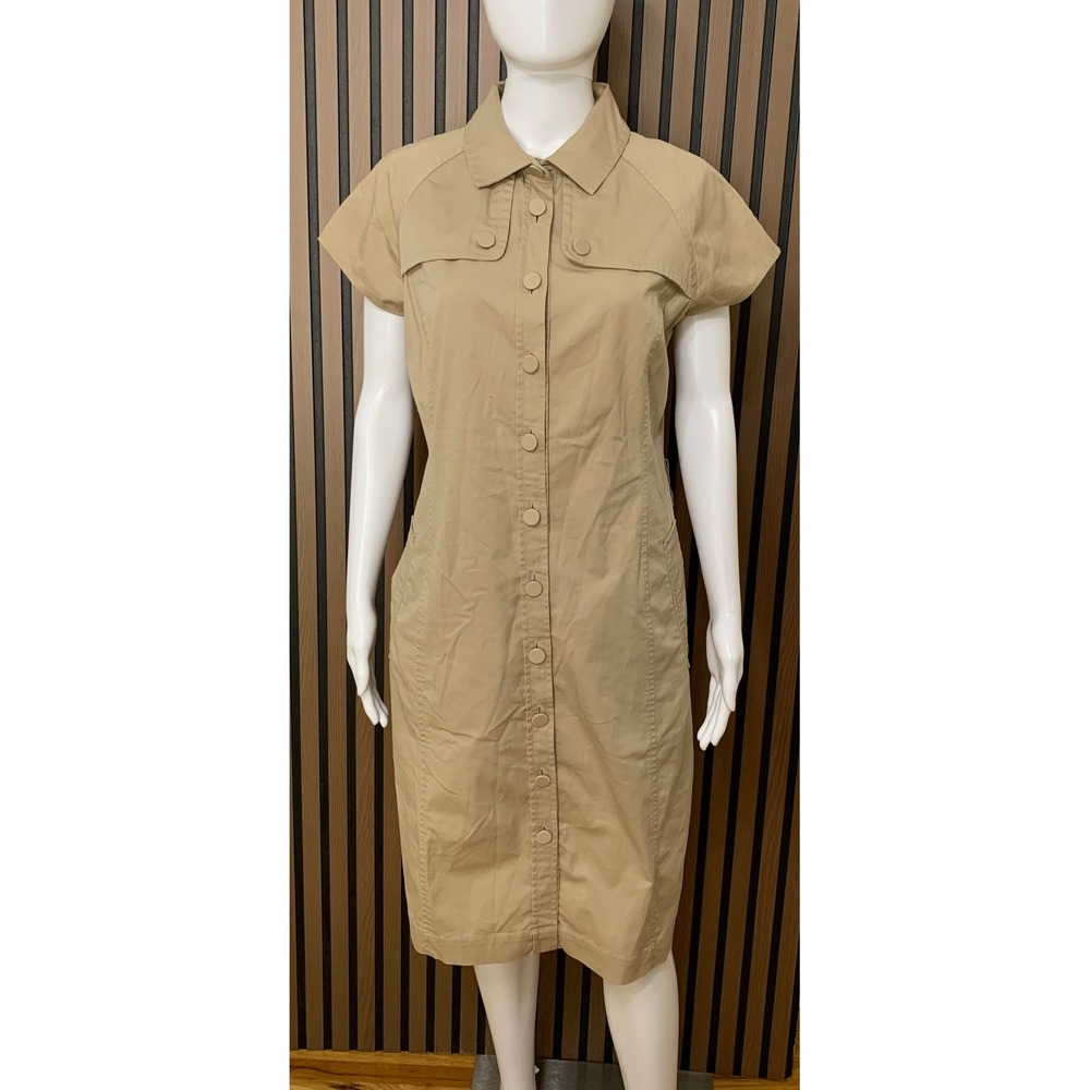 Talbots Women's Khaki Tan Stretch Cotton Button Front Shirt Dress Size 8 Pocket
